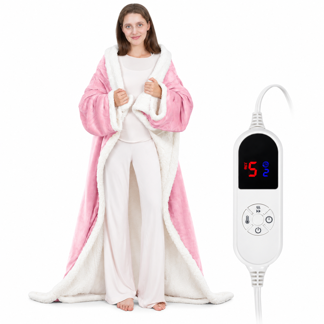 RosyRobe wearable heated blanket in pink, shown full length with sleeves and front pocket