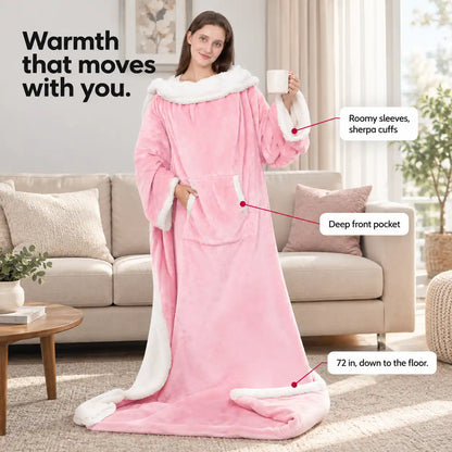 Front view of the wearable heated blanket with sleeves and a deep front pocket