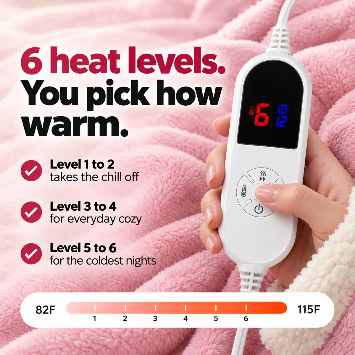 LED controller with 6 heat levels from 82 to 115 degrees Fahrenheit, level guide