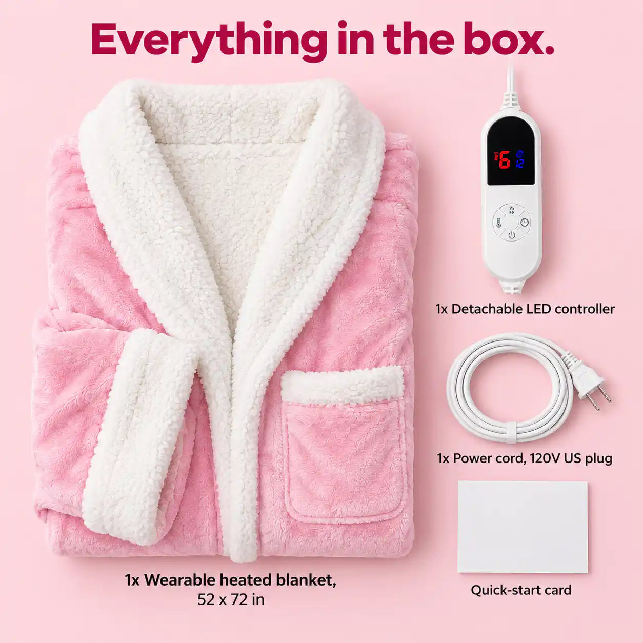 What's in the box: heated blanket, detachable LED controller with cord, quick-start card