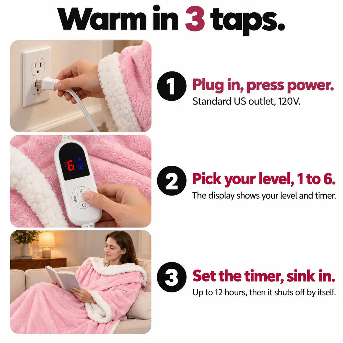Warm in 3 taps: plug in, pick your level, set the timer