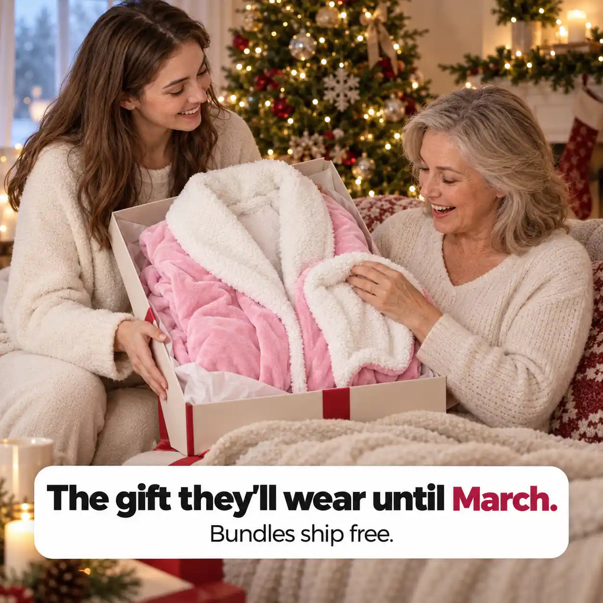 The gift they'll wear until March: pink heated blanket as a holiday gift