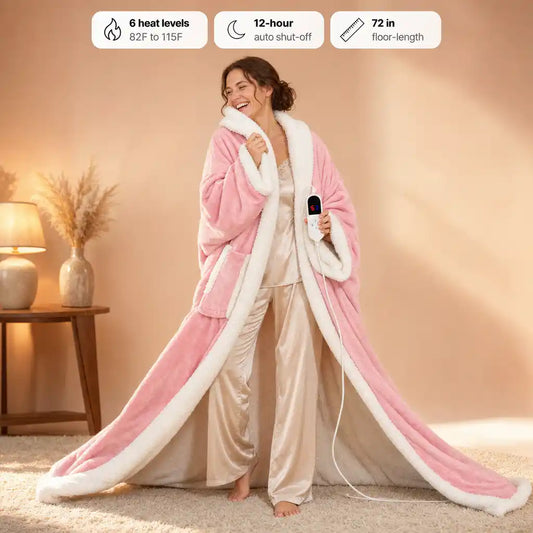 RosyRobe wearable heated blanket in pink: 6 heat levels, 12-hour auto-off, 72-inch floor length